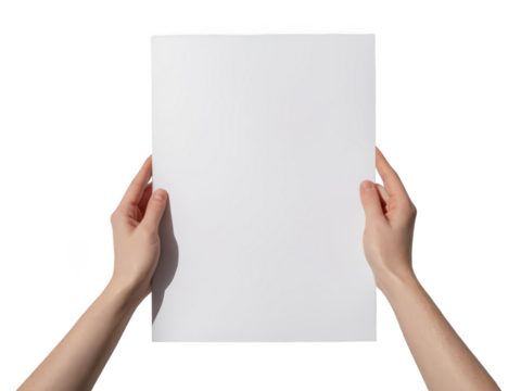 Two hands gently hold a blank white sheet of paper, isolated on transparent background