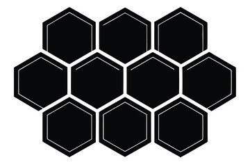 Collection of Eleven Hexagon Shapes in a Honeycomb Structure, Black with White Outlines