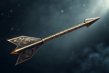 Intricately detailed golden arrow with ornate decorations and detailed design on dark background