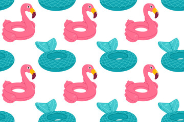 Seamless pattern featuring inflatable flamingo and mermaid tail pool floats in turquoise and pink, perfect for summer textiles, wrapping, and children’s products