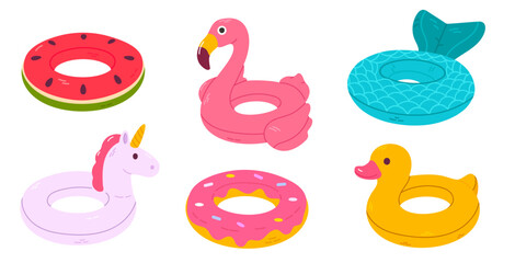 Set of six colorful inflatable pool floats shaped like flamingo, unicorn, duck, watermelon, donut, and mermaid tail, perfect for summer designs and kids' graphics