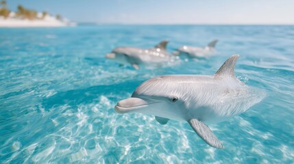 Obraz premium A pod of dolphins swims playfully through crystal-clear turquoise water near a tropical coastline. The lead dolphin emerges closest to the camera, offering a joyful, serene composition nature