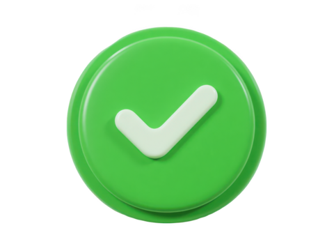 A vibrant green circle button, isolated on transparent background, displays a prominent offwhite checkmark
