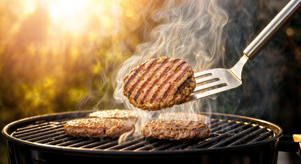 Close Up of Juicy Burger Patty Mid Air Flipped from Grill Spatula over Grill with Rising Heat Smoke on Background with Sun Glow 