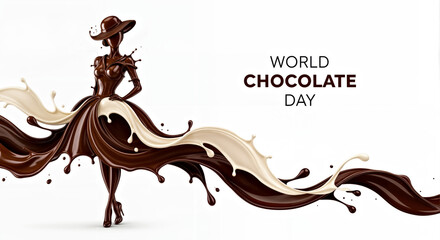 Beautiful Silhouette of Woman Wearing Hat and Dress from Chocolate Splashes with World Chocolate Day Text on Empty White Background