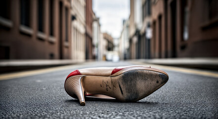 Close Up of  Single Scuffed Women's Lost High Heeled Shoe Lying on Asphalt with Empty Urban Street Alleyway in Background 