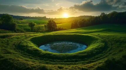 A breathtaking sunset illuminates a lush green field and pond, creating a tranquil atmosphere.