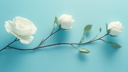 Delicate white roses on a light blue background.