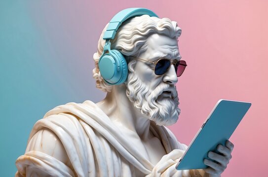 Ancient statue of philosopher wearing headphones and sunglasses while using a tablet in a modern setting