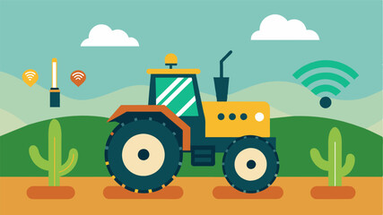 A smart tractor equipped with AI systems that automatically adjusts its path based on data gathered from soil sensors and satellite imagery.. Vector illustration