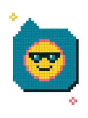 Cool pixel art emoji with sunglasses in speech bubble. Bright retro 8-bit style on white background. Fun digital icon for chats, stickers, social media and games.