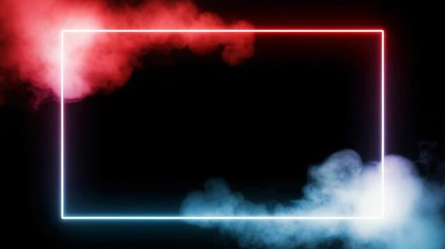 Fondo negro abstracto con marco de ne&oacute;n y humo rojo y azul.