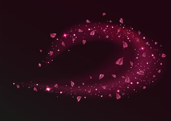 Pink fresh air or wind effect with leaves on transparent background. Vector realistic illustration with sparkling particles, sakura petals, romantic vortex, spring leaves