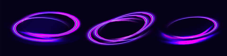 Circular light purple and blue lines, speed or trail. Curved line light effect. Purple and blue portal or magic tunnel. Neon set swirl. Vector illustration.