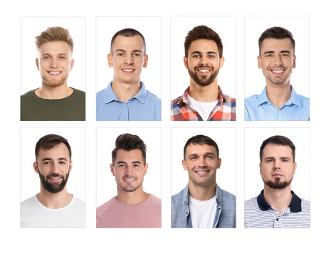 Fototapeta Photos of different men for passport or other identification document on white background, set