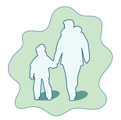 Silhouette of adult and child holding hands, walking together, simple flat style illustration on soft green background.