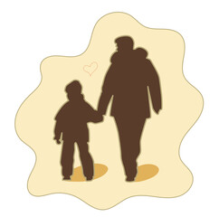 Silhouette of adult and child holding hands, walking together, simple flat style illustration on soft yellow background.