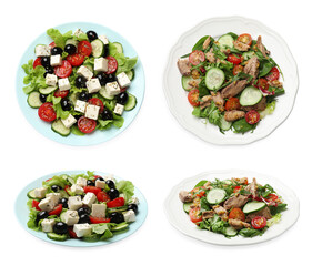 Tasty fresh salads on white background, collage. Top and side view