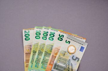 Various denominations of euro banknotes displayed on a gray surface showcasing the amount of 556 Euro which can be earned as minijob in Germany