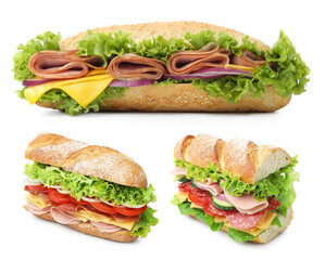 Delicious baguette sandwiches with different fillings isolated on white, collage