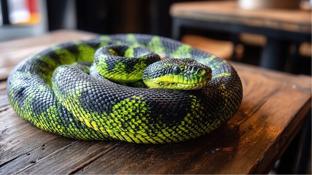 Green tree viper resting on brown wooden table indoors