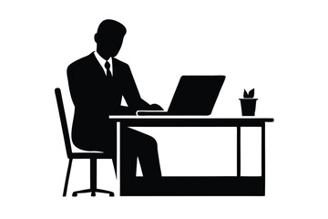 Silhouette of Businessman Working on Laptop at Desk with Plant Decoration