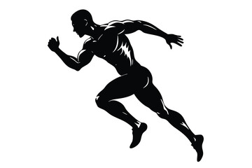 Obraz premium Silhouette of Muscular Man Running in a Race, Black on White Background, Full Body View