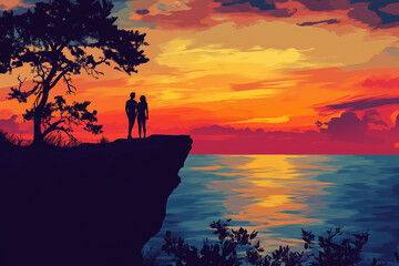 Silhouette of couple standing on cliff during sunset, ocean in background, romantic travel scene