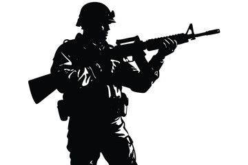 Silhouette of Soldier Aiming a Rifle in Combat Gear against a White Background