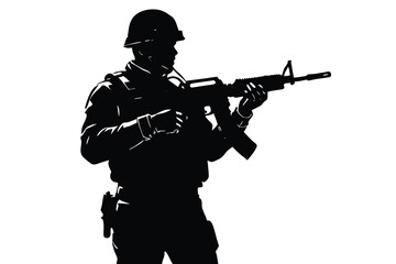 Fototapeta premium Silhouette of Soldier with Assault Rifle Military Figure in Striking Black and White