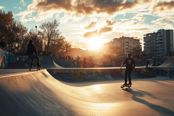 Urban skatepark at sunset with skaters in motion, graffiti walls, energetic atmosphere