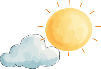 Sun and cloud watercolor vector illustration.