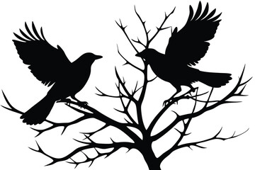 Fototapeta premium Silhouette of Two Birds Perched on Bare Branches, One with Wings Spread
