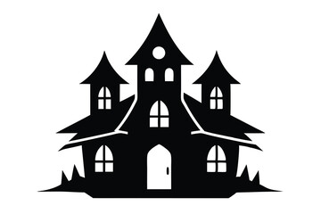 Simple Spooky Haunted House Silhouette Illustration for Halloween on White Background