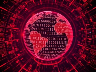 Glowing futuristic globe with binary code and digital data overlay, symbolizing technological interconnectedness and global communication in a digital networked world