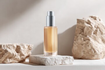 Elegant cosmetic glass bottle with pump on stone platform