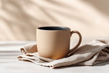 Matte ceramic mug with dark interior on linen napkin in warm light