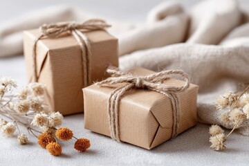 Two kraft paper gift boxes with jute string and dried flowers