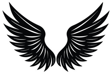 Fototapeta premium Symmetrical Silhouette of Two Spreading Black Wings with Defined Feathers on White Background