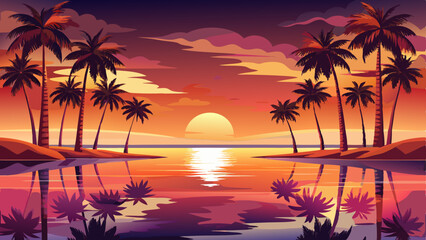 Serene Sunset Reflections of Palm Trees on Tranquil Water Surface