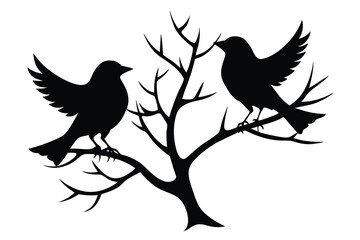 Two Black Bird Silhouettes Perched on a Bare Tree Branch Against White Background