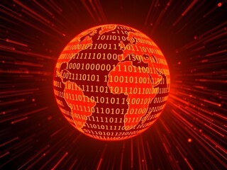 Glowing futuristic globe with binary code and digital data overlay, symbolizing technological interconnectedness and global communication in a digital networked world