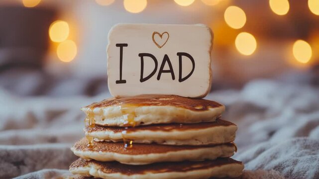 A delightful stack of fluffy pancakes topped with syrup and adorned with a heartfelt sign reading 'I  DAD'. Perfect for celebrating love and appreciation on Father's Day.