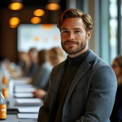 A successful businessman smiles confidently during a meeting with his team, radiating leadership.