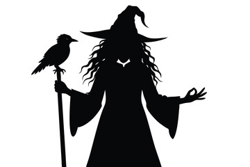 Witch Silhouette with Raven on Staff, Long Wavy Hair, Wide Sleeve Gown, against White Background