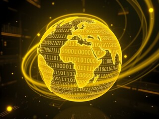 Glowing futuristic globe with binary code and digital data overlay, symbolizing technological interconnectedness and global communication in a digital networked world