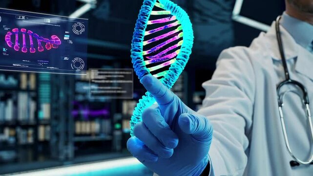 Hand of doctor touching and cut dna for checking with analysis chromosome DNA genetic of human on virtual interface