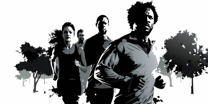 People running in park. Diverse characters group, runners in outdoor marathon