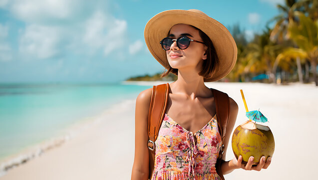 Woman enjoying tropical beach vacation coconut drink