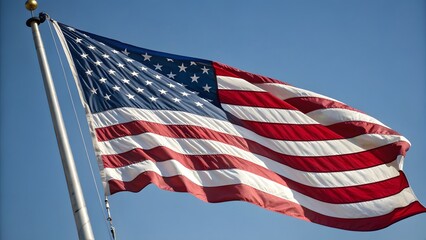 Detailed close up of American flag waving on flagpole against clear blue sky